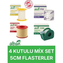 Alban 4 Kutulu Mix Flaster Seti – Ipek, Bez, Kağıt Pore (5CMX5M) ve Fix Elastik Sabitleme Flaster (5CMX10M)