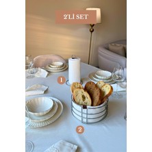 Edora Home 2’li Set Mat Gümüş Dik Kağıt Havluluk Yuvarlak Ekmek Sepeti Mutfak Seti
