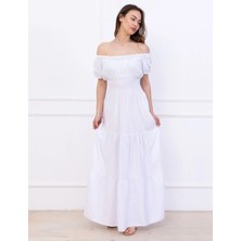 Flu Butik Kadın Dokuma Karpuz Kollu Uzun Elbise Beyaz Solo