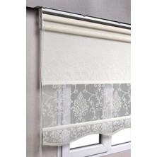 Bizden Perde Çift Mekanizmalı Kırık Beyaz Damask Desenli Tül ve Stor Güneşlik Perdeler