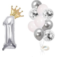 Sefa Ticaret 1 Rakam Gümüş Folyo Balon, Kral Tacı ve Konfetili Gümüş Balon