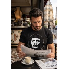 Exve Exclusive Siyah Üzerine Beyaz Che Guevara Portre Baskılı Erkek Tişört Pamuk Penye T-Shirt
