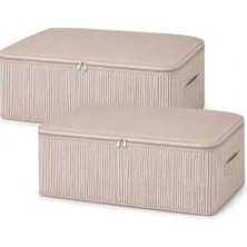 Sefa Ticaret 75X40X20 cm Yatak Altı Hurç Düzenleyici, Sağlam Taşıma Kulplu Fermuarlı Saklama Hurcu, Çizgili Dayanıklı Kumaş Hurç, Yorgan Battaniye Nevresim Saklama Kutusu (2, Bej)