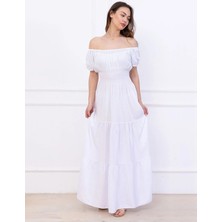 Flu Butik Kadın Dokuma Karpuz Kol Uzun Elbise Beyaz Solo