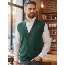 Kamalı Erkek Nefti V Yaka Triko Düğmeli Cepli Çizgi Desenli Regular Fit Tüylenmeyen Örgü Yelek
