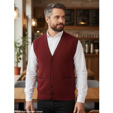 Kamalı Erkek Bordo V Yaka Triko Düğmeli Cepli Çizgi Desenli Regular Fit Tüylenmeyen Örgü Yelek