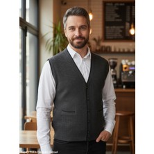 Kamalı Erkek Gri V Yaka Triko Düğmeli Cepli Çizgi Desenli Regular Fit Tüylenmeyen Örgü Yelek