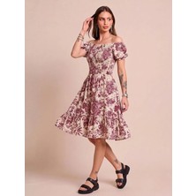 Flu Butik Kadın Mor Karpuz Kollu Kısa Elbise Motif Desen
