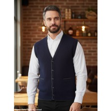 Kamalı Erkek Lacivert V Yaka Triko Düğmeli Cepli Çizgi Desenli Regular Fit Tüylenmeyen Örgü Yelek