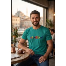 Exve Exclusive Yeşil Üzerine Renkli ve 3 Boyutlu Nakışlı Harflerle Istanbul Yazılı Erkek Tişört Pamuk Penye T-Shirt