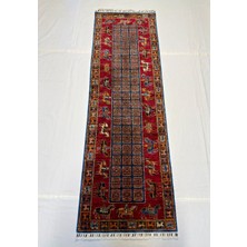 El Dokuma Afgan Halı Pazirek Desenli Kök Boya Yolluk 84 x 261 cm
