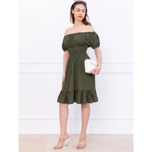 Flu Butik Kadın Karpuz Kol Kısa Elbise Sade Haki