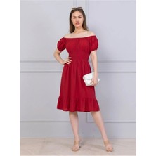 Flu Butik Kadın Karpuz Kollu Kısa Elbise Sade Kırmızı