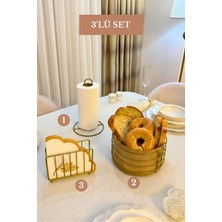 Edora Home 3’lü Set Mat Gold Kafes Peçetelik Dik Kağıt Havluluk Yuvarlak Ekmek Sepeti Mutfak Seti