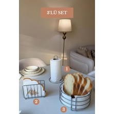 Edora Home 3’lü Set Mat Gümüş Kafes Peçetelik Dik Kağıt Havluluk Yuvarlak Ekmek Sepeti Mutfak Seti