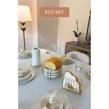 Edora Home 3’lü Set Parlak Altın Kafes Peçetelik Dik Kağıt Havluluk Yuvarlak Ekmek Sepeti Mutfak Seti