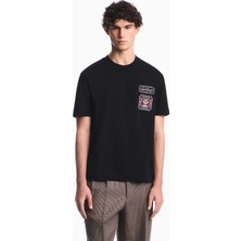 Emporio Armani Erkek Normal Kalıp Işlemeli Logo Desenli Yuvarlak Yakalı Kalın Pamuklu Kumaşlu Kısa Kollu Siyah T-Shirt EM007320 AF13715-UC001