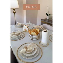 Edora Home 4’lü Set Parlak Altın 6'lı Supla Kafes Peçetelik Dik Kağıt Havluluk Yuvarlak Ekmek Sepeti Mutfak Seti