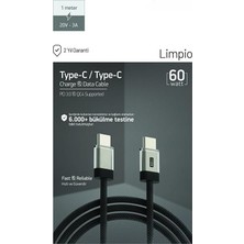 Sefa Ticaret 60W Pd 3.0 Limpio Type-C To Type-C Hızlı Şarj ve Data Kablosu 1m Siyah