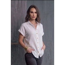 Kozz Style Kadın Müslin Yaka Patlı Tam Düğmeli Gömlek Beyaz