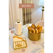 Edora Home 3’lü Set Mat Gold Kafes Peçetelik Dik Kağıt Havluluk Misketli Yuvarlak Ekmek Sepeti Mutfak Seti