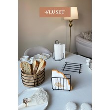 Edora Home 4’lü Set Siyah Kafes Peçetelik Dik Kağıt Havluluk Misketli Nihale Yuvarlak Ekmek Sepeti Mutfak Seti