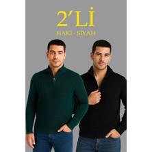 Tarz Yeri Erkek Fitilli Triko Kazak 2 Li Set Siyah Haki Kalın Dokuma Pamuklu Regular Fit V Yaka
