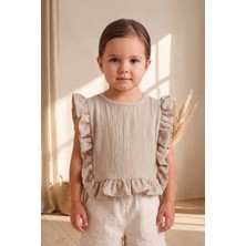 Hamur Müslin Kız Bebek Çocuk Fırfırlı Crop Yazlık Yelek Bağcıklı Bluz Etkinlik Aktivite Mama Önlüğü Bej