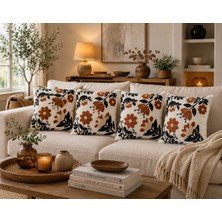 Velnox Bohem Çiçek Desenli Punch Görünümlü Kiremit Siyah 4'lü Set Dekoratif Kırlent Kılıfı 43X43 cm - Dijital Baskılı Yastık Kılıfı