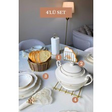 Edora Home 4’lü Set Mat Gold Kafes Peçetelik Dik Kağıt Havluluk Misketli Nihale Oval Köşeli Ekmek Sepeti Bej Mutfak Seti