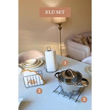 Edora Home 3’lü Set Mat Gümüş Kafes Peçetelik Dik Kağıt Havluluk Misketli Nihale Mutfak Seti