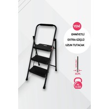 Portalife 3 Basamaklı Ekstra Uzun Tutacaklı Siyah Merdiven - Güçlü Gövde - Kalın Profil