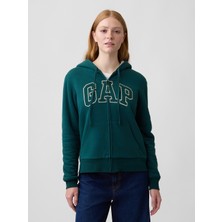 Gap Kadın Koyu Yeşil Relaxed Gap Logo Sherpa-Astarlı Fermuarlı Sweatshirt