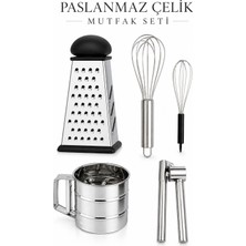 Countra 5 Parça Paslanmaz Çelik Mutfak Gereçleri Seti – Rende, Un Eleği, Sarımsak Ezici ve 2’li Çırpıcı Seti
