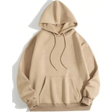 Tarz Yeri Kadın Kapüşonlu Kanguru Cepli 3 Iplik Pamuklu Düz Hoodie Sweatshirt - Bej