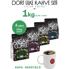 Anisah Coffee Kupa Hediyeli Çekirdek Filtre Kahve Seti | 4x250gr | Guatemala, Ethiopia, Colombia, Brasil