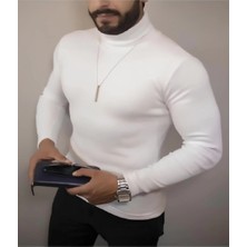 Tarz Yeri Erkek Kaşkorse Boğazlı Full Likralı Fitilli Body Kazak - Beyaz