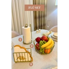 Edora Home 3’lü Set Mat Gold Kafes Peçetelik Dik Kağıt Havluluk Ayraçlı Oval Köşeli Meyve Sepeti Mutfak Seti
