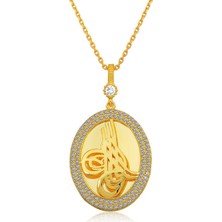 Hazego Gümüş Gold Tuğralı Oval Bayan Kolye