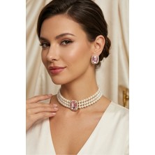 BB Bridal Boutique Cam Incili Gold Kaplama Baget Taşlı Tasma Choker Kolye Özel Tasarım Kolye Şık Kolye Set Küpe Takım