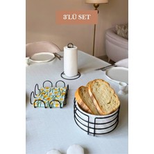 Edora Home 3’lü Set Siyah Kare Peçetelik Dik Kağıt Havluluk Yuvarlak Ekmek Sepeti Mutfak Seti