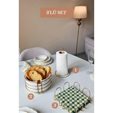 Edora Home 3’lü Set Parlak Altın Kare Peçetelik Dik Kağıt Havluluk Yuvarlak Ekmek Sepeti Mutfak Seti