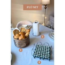 Edora Home 3’lü Set Mat Gümüş Kare Peçetelik Dik Kağıt Havluluk Yuvarlak Ekmek Sepeti Mutfak Seti