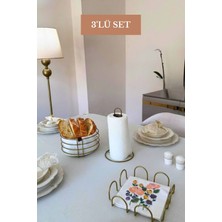Edora Home 3’lü Set Mat Gold Kare Peçetelik Dik Kağıt Havluluk Yuvarlak Ekmek Sepeti Mutfak Seti