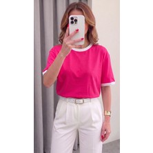 Teenage Millionaire Kadın Fuşya Beyaz Biye Garnili Orta Kalın Soft Kumaş Bisiklet Yaka Yarım Oversize Salaş T-Shirt