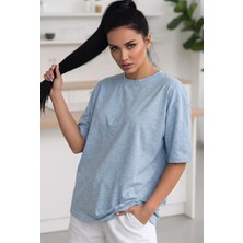 Teenage Millionaire Kadın Melanj Mavi Basic Düz Baskısız Oversize Salas T-Shirt