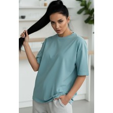 Teenage Millionaire Kadın Turkuaz Basic Düz Baskısız Oversize Salas T-Shirt
