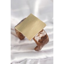 Clariss Kahverengi Mermer Desen Akrilik Plastik Gold Kare Plaka Model Vintage Kadın Bilezik