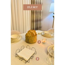Edora Home 2’li Set Mat Gümüş Kare Peçetelik Yuvarlak Ekmek Sepeti Mutfak Seti
