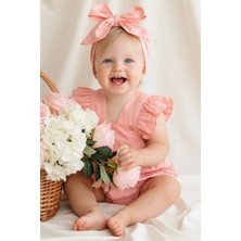 Parla Kids Kız Bebek Somon Pamuklu Salopet Bandana Takım